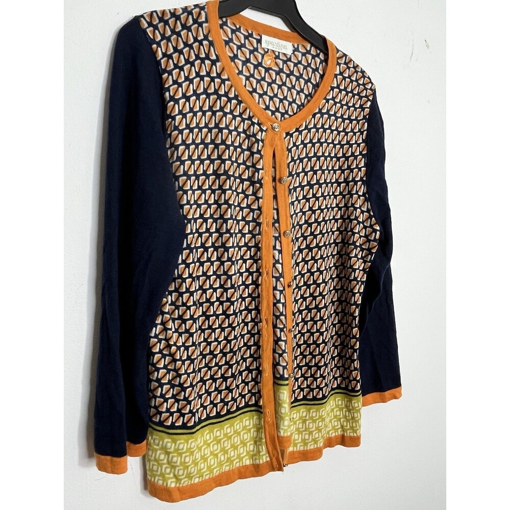 Spartina 449 Fair and Square Cardigan Womens S Merino Wool Navy Orange Button
